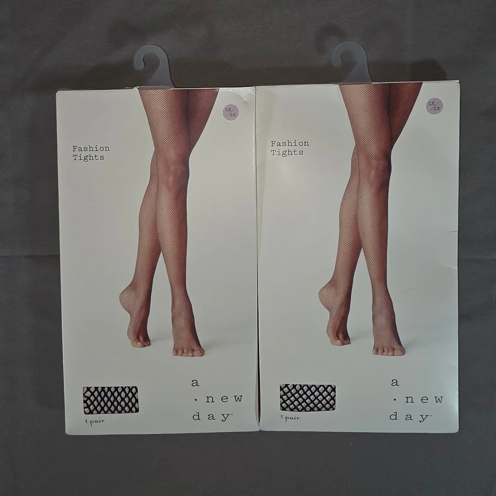 A New Day Womens Black Fishnet Fashion Tights 2 Pack Bundle 1X/2X Ebony New